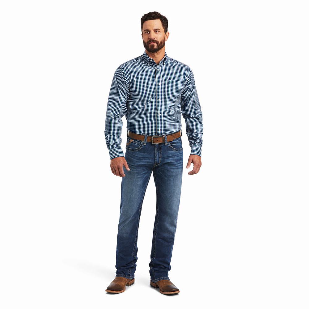 Blue Ariat Wrinkle Free Seamus Fitted Men's Shirts | MXVE63128