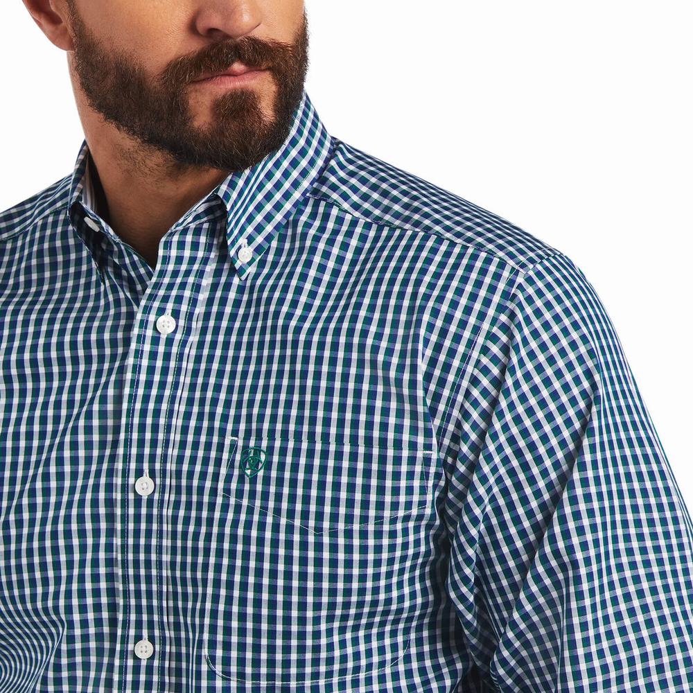 Blue Ariat Wrinkle Free Seamus Fitted Men's Shirts | MXVE63128