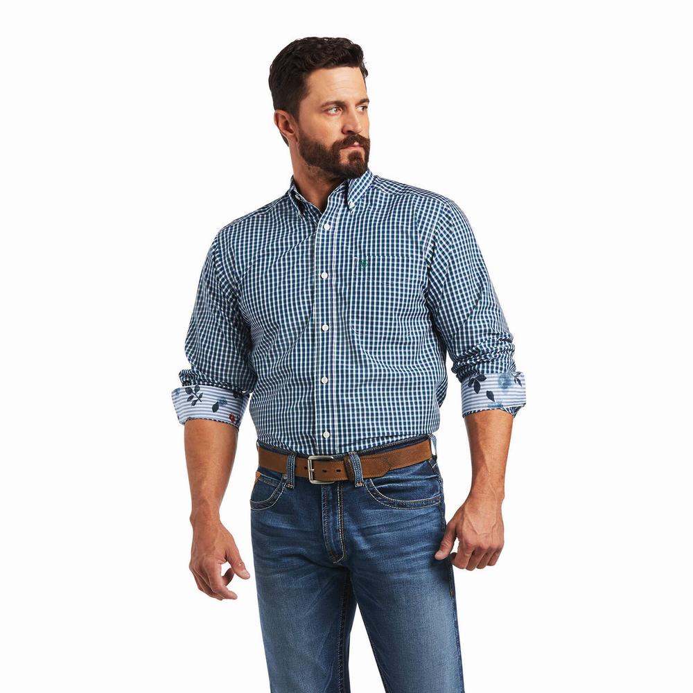 Blue Ariat Wrinkle Free Seamus Fitted Men\'s Shirts | MXVE63128