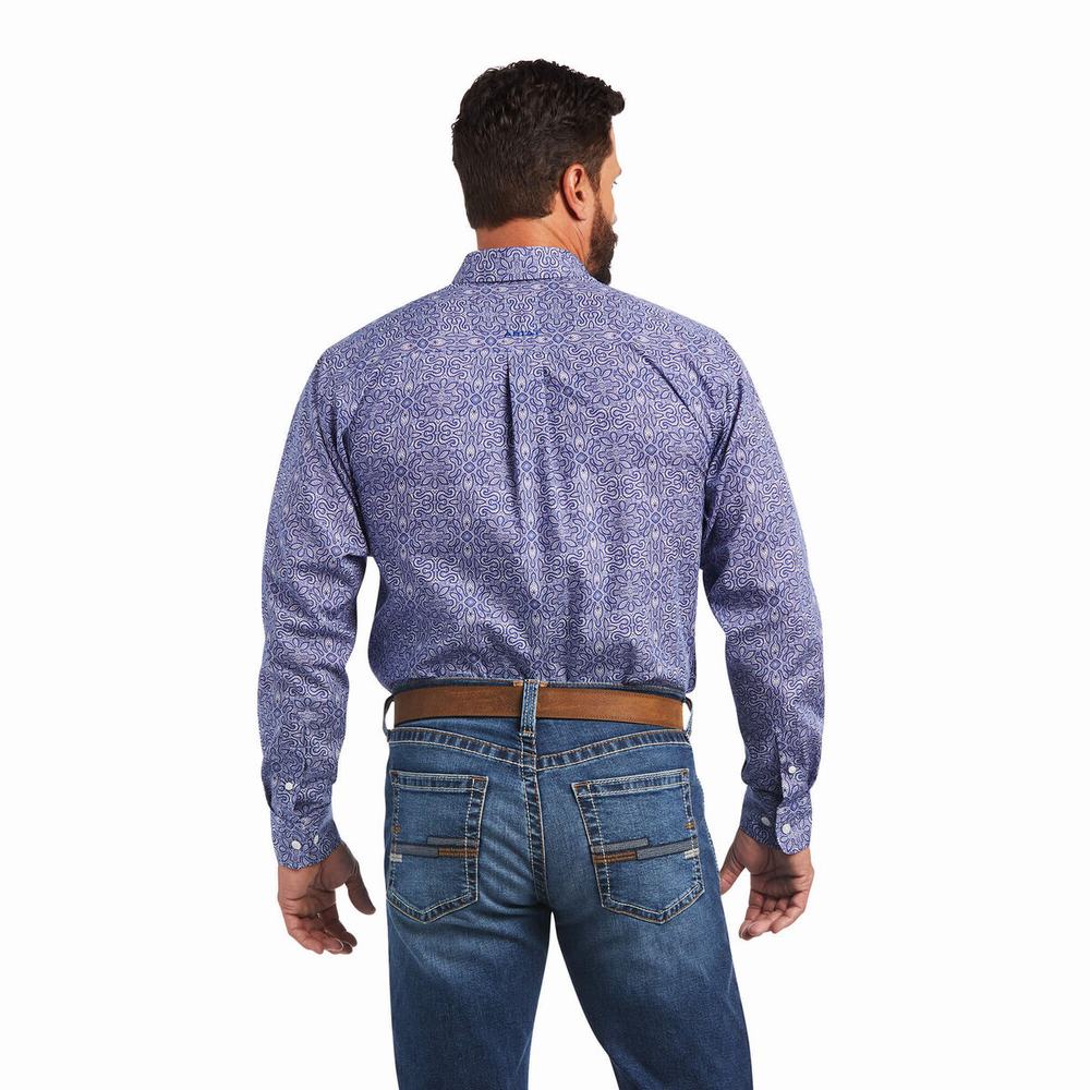 Blue Ariat Wrinkle Free Slater Fitted Men's Shirts | EAWN15074