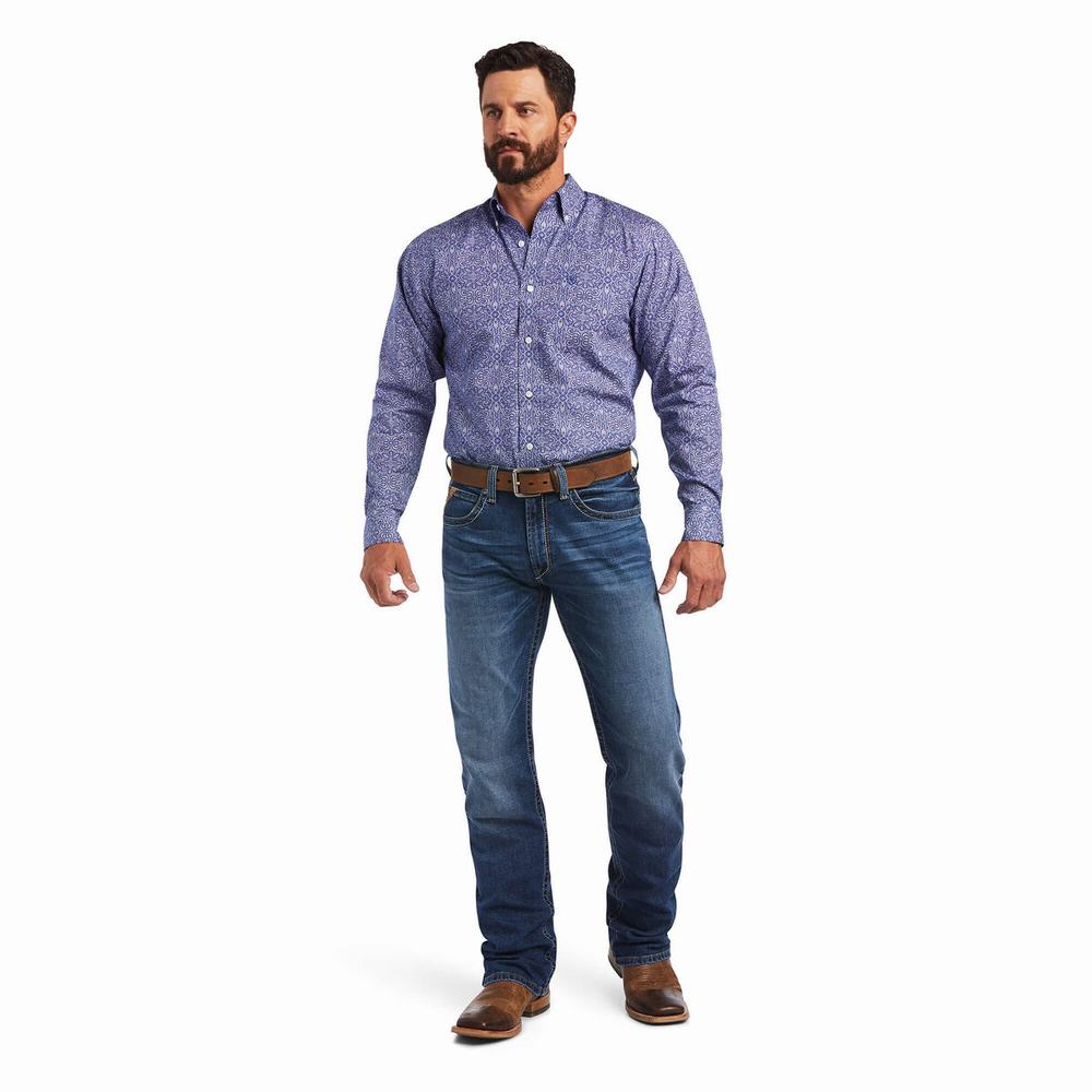 Blue Ariat Wrinkle Free Slater Fitted Men's Shirts | EAWN15074