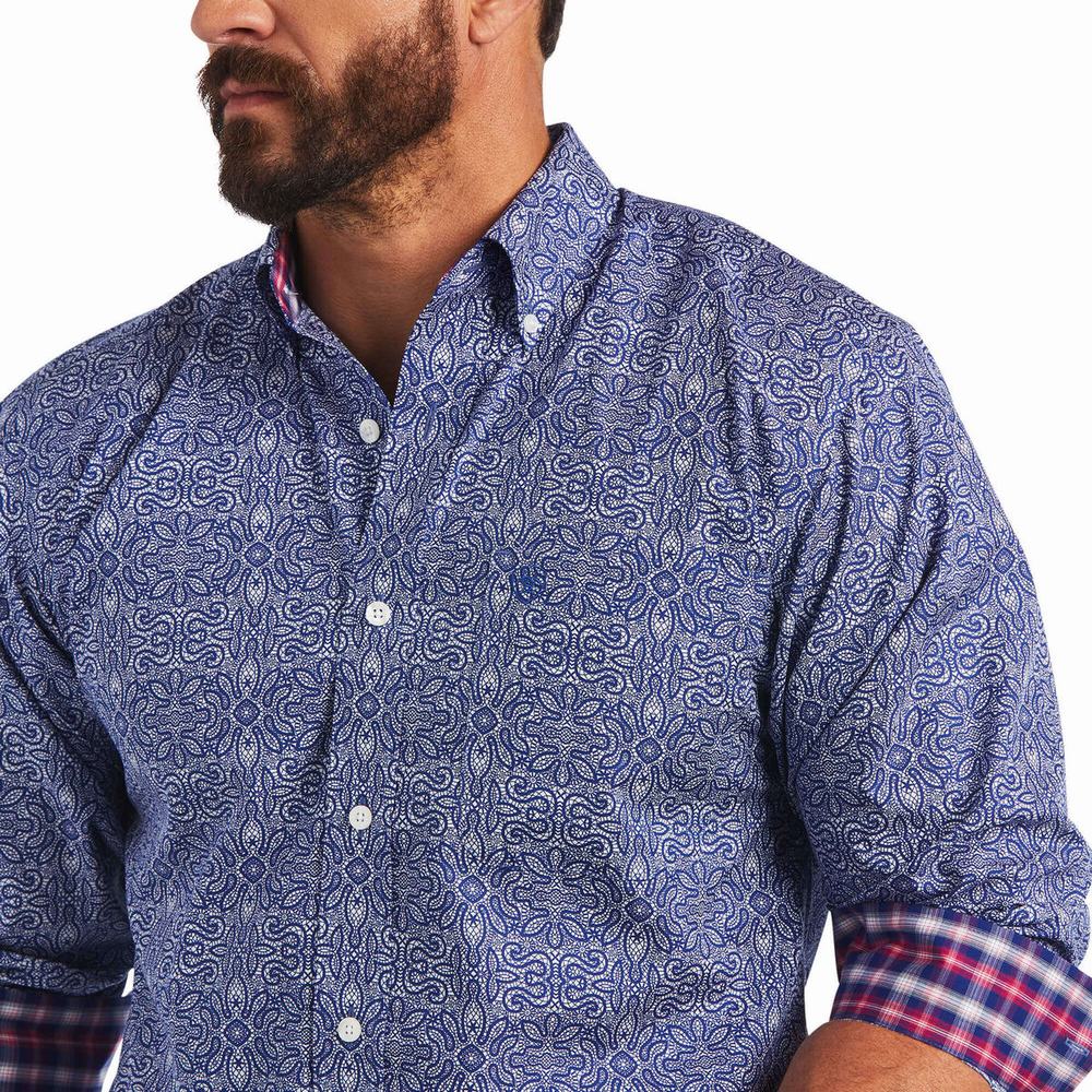 Blue Ariat Wrinkle Free Slater Fitted Men's Shirts | EAWN15074