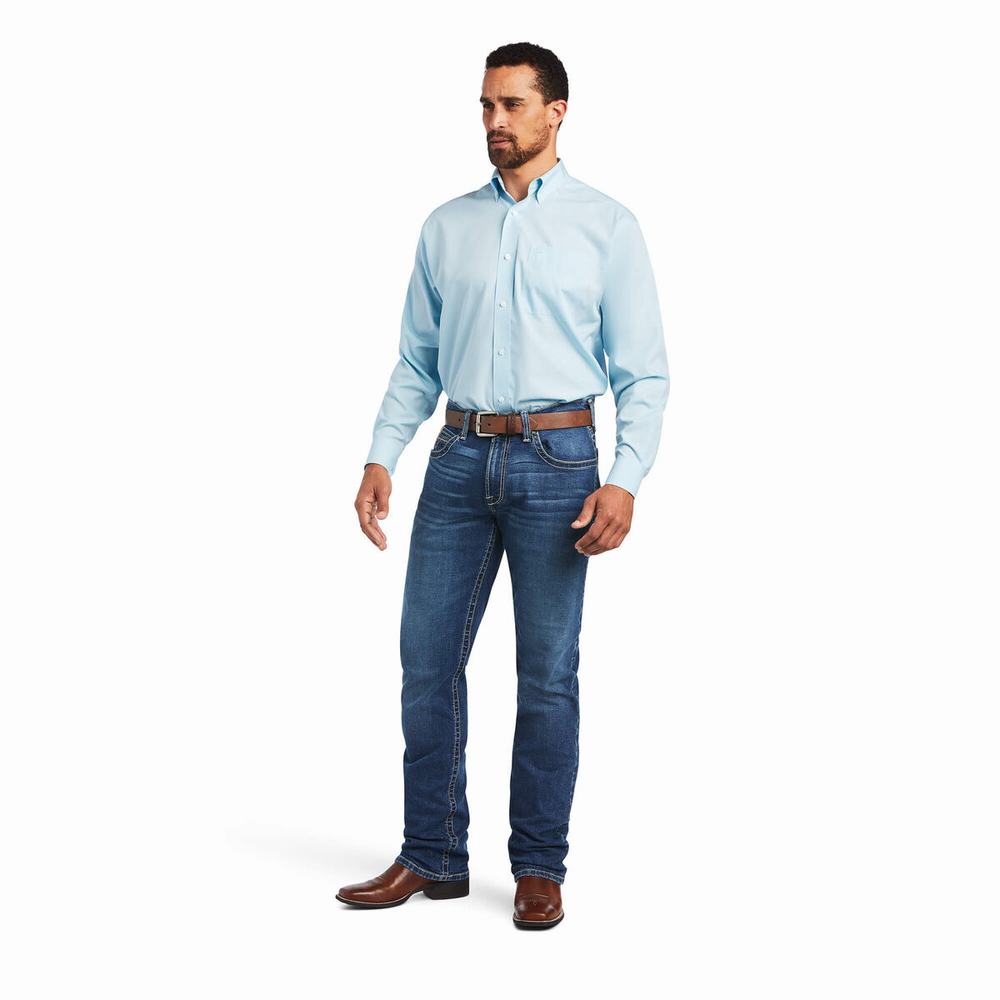 Blue Ariat Wrinkle Free Solid Pinpoint Oxford Classic Fit Men's Shirts | DUKF06345