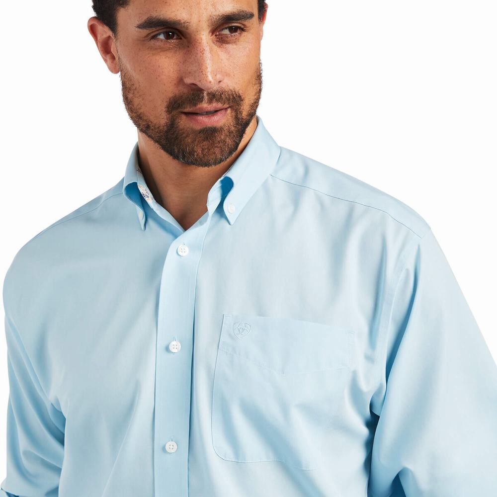 Blue Ariat Wrinkle Free Solid Pinpoint Oxford Classic Fit Men's Shirts | DUKF06345