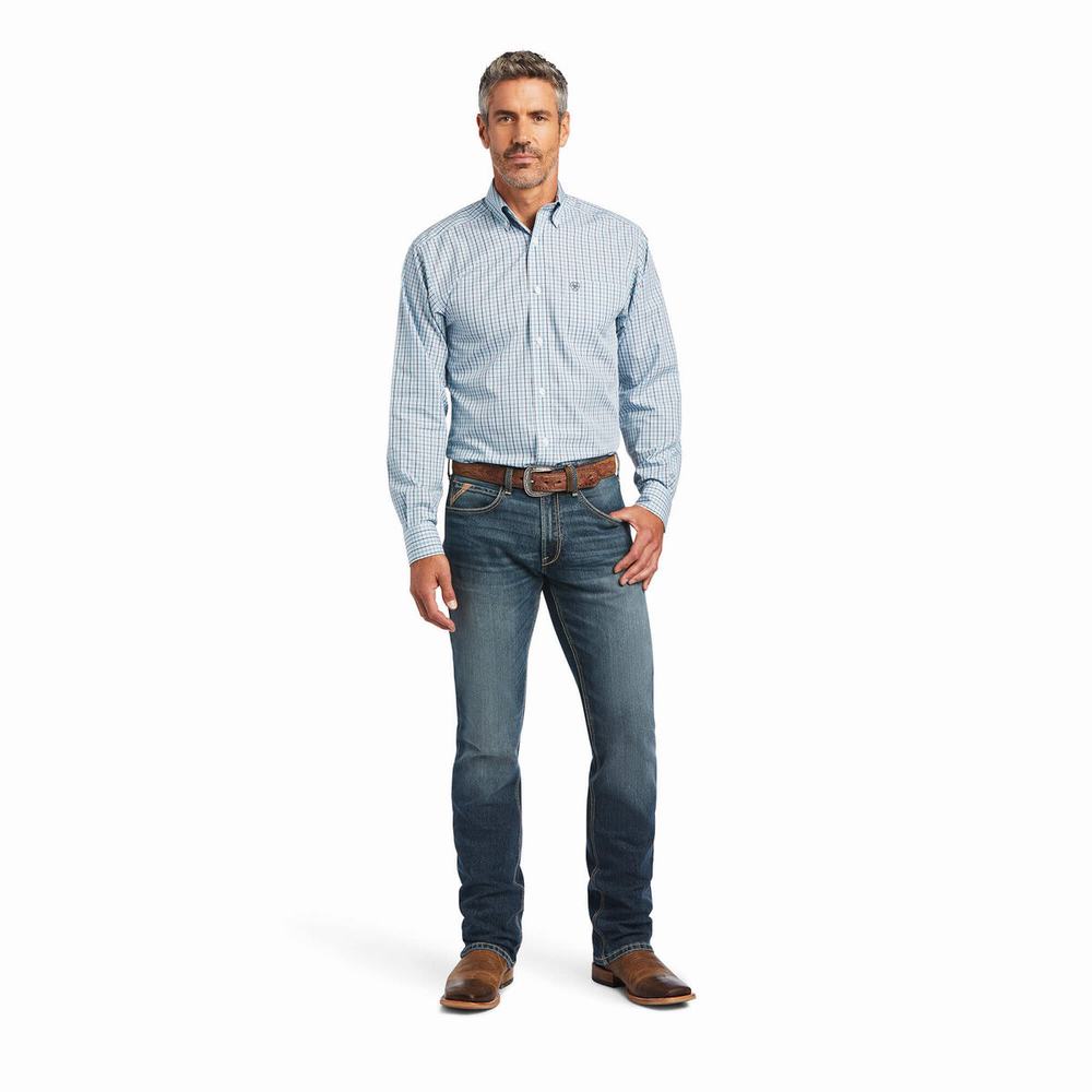 Blue Ariat Wrinkle Free Yair Fitted Men's Shirts | CQVS08175