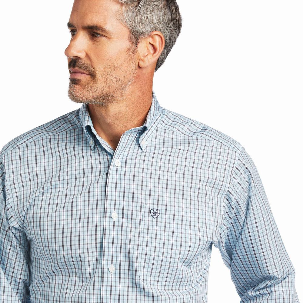 Blue Ariat Wrinkle Free Yair Fitted Men's Shirts | CQVS08175