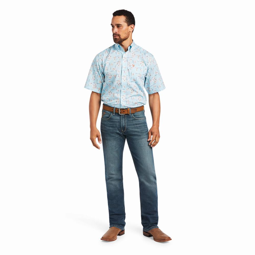 Blue Ariat Wrinkle Free Yariel Classic Fit Men's Shirts | YWML21869