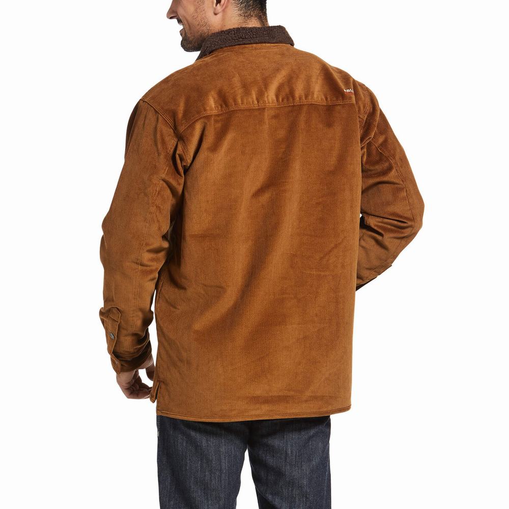 Brown Ariat FR DuraStretch Sherpa-lined Corduroy Men's Jackets | GPZV73816