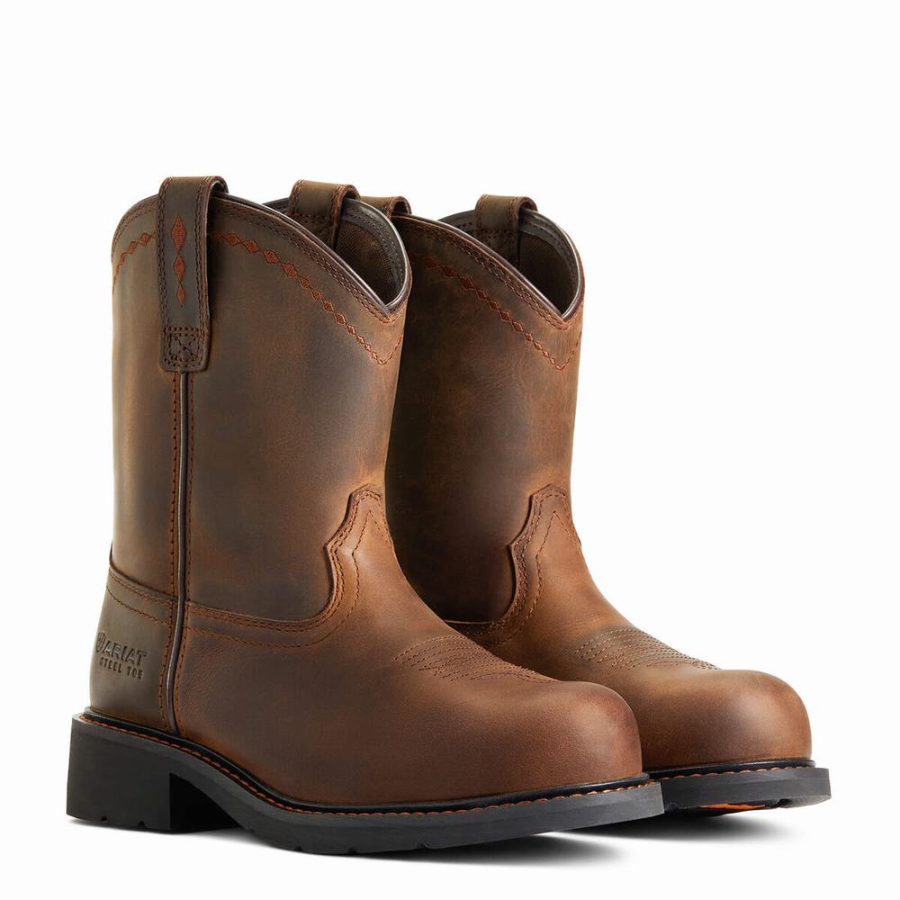 Brown Ariat Fatbaby Pull-On Steel Toe Women's Work Boots | JCMN16472