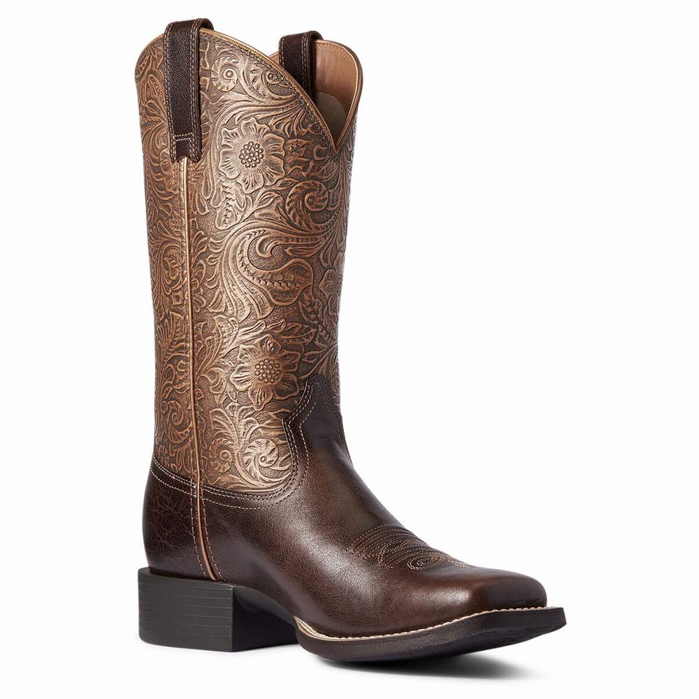 Brown Ariat Round Up Wide Square Toe Women's Western Boots | DGHK10739