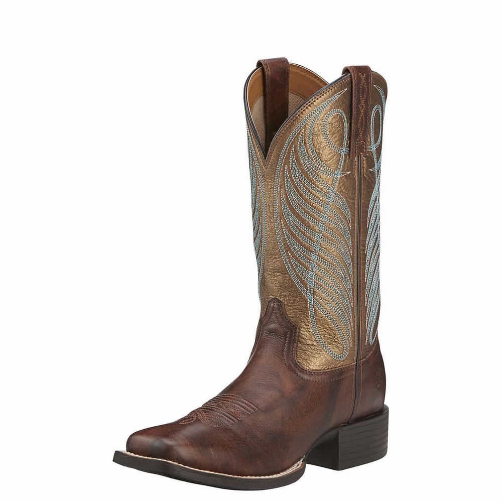 Brown Ariat Round Up Wide Square Toe Women\'s Western Boots | ZIJS39851