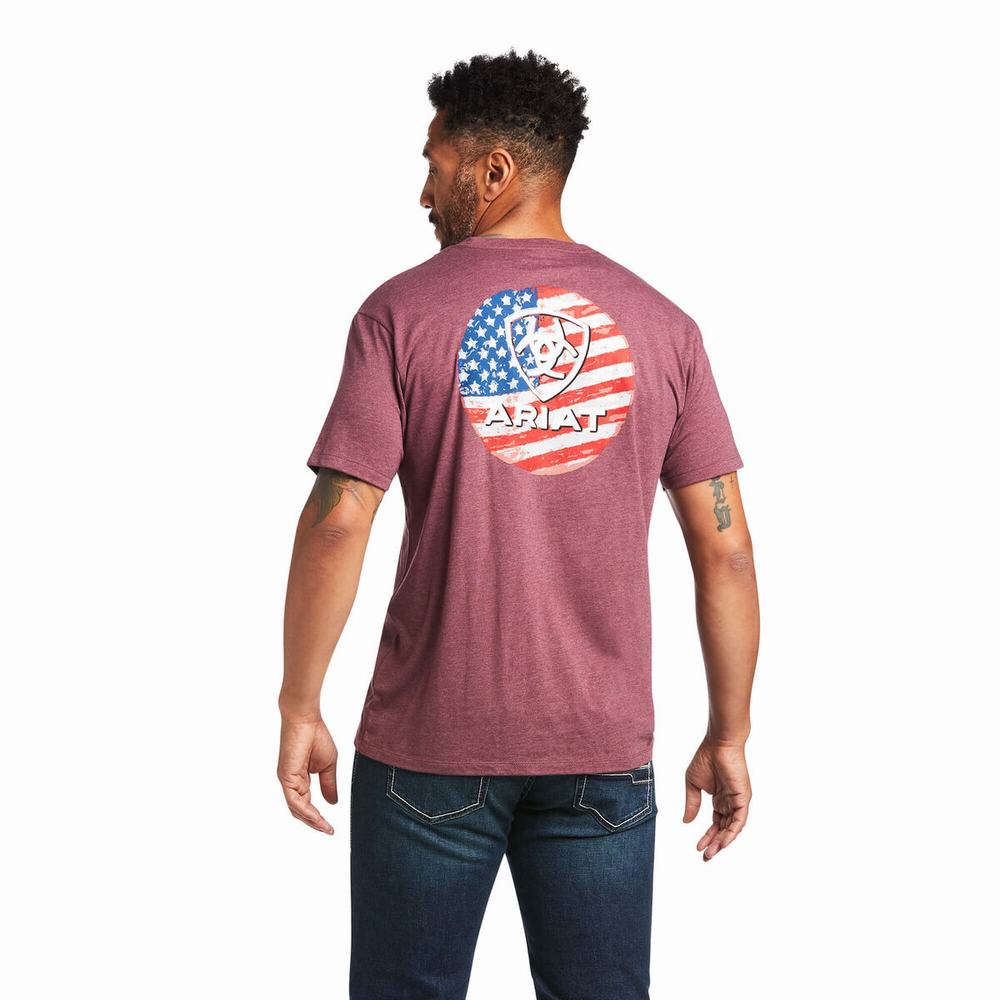 Burgundy Ariat Flag Circle Men\'s Polo Shirts | PCVG51803