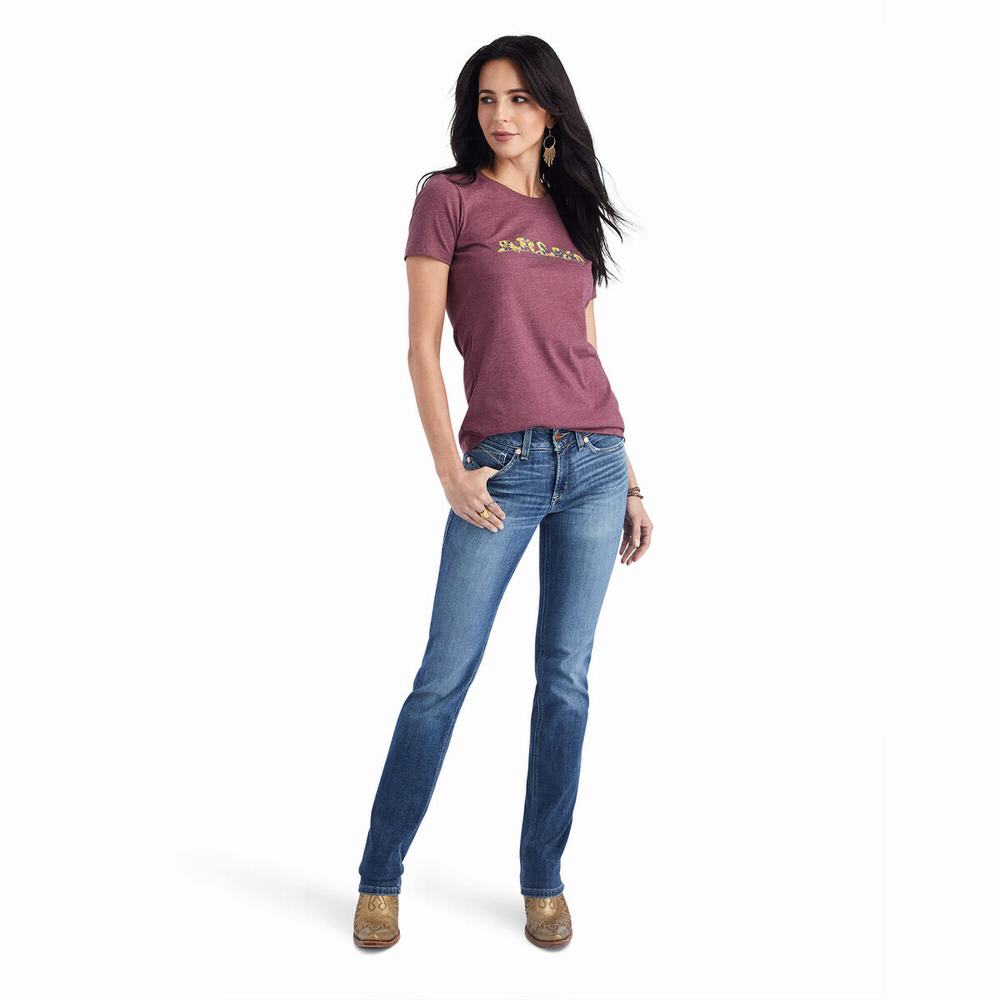 Burgundy Ariat Floral Letters Women's Tops | BZHO93154