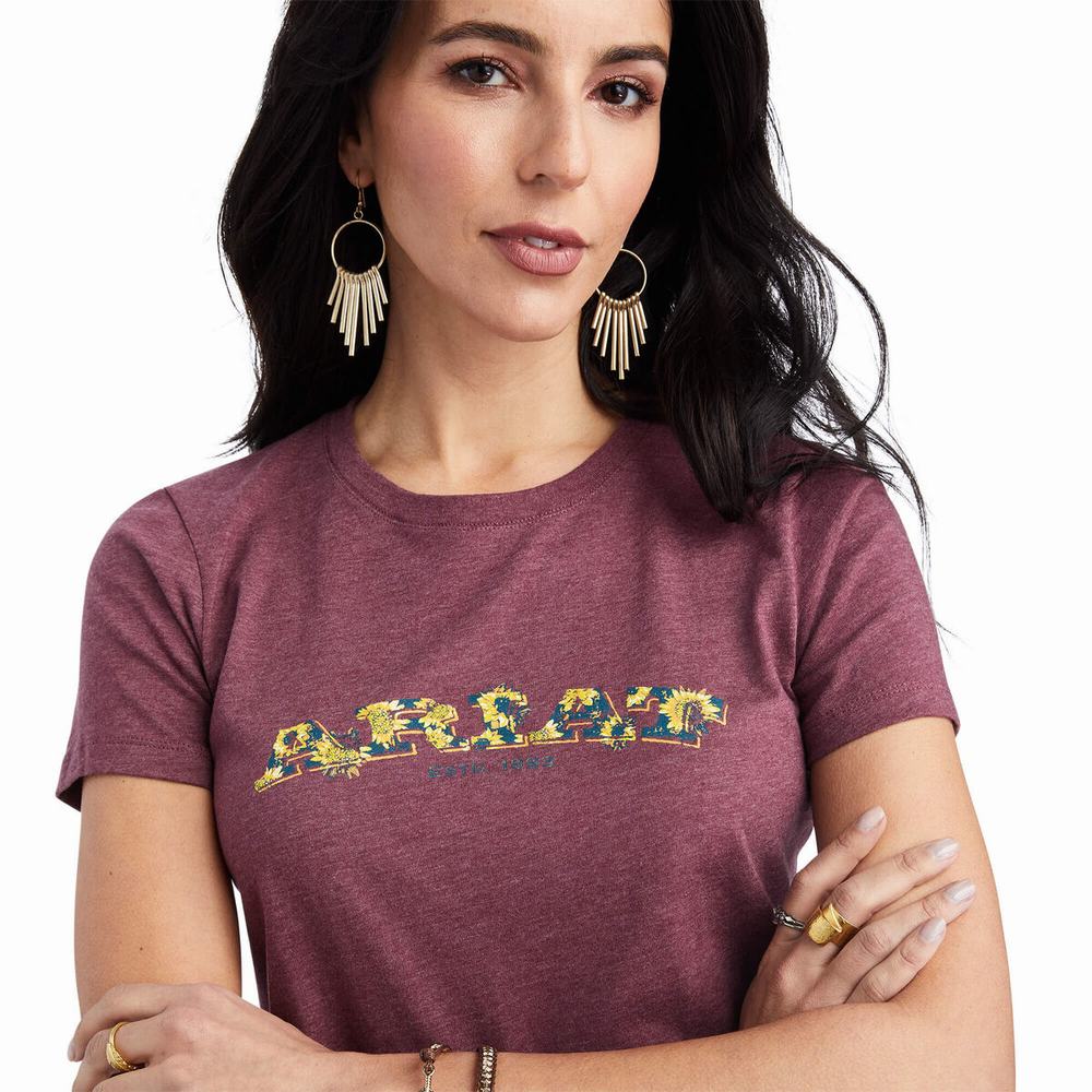 Burgundy Ariat Floral Letters Women's Tops | BZHO93154