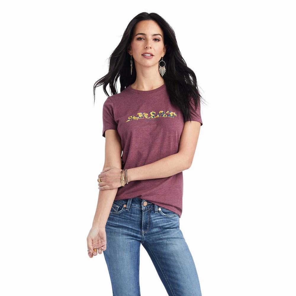 Burgundy Ariat Floral Letters Women\'s Tops | BZHO93154