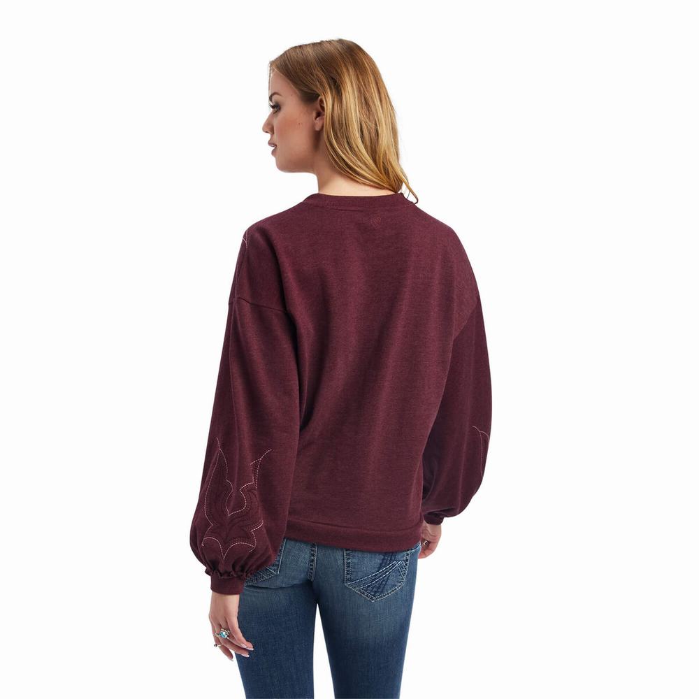 Burgundy Ariat Stitched Crew Women's Hoodies | CJKH51627