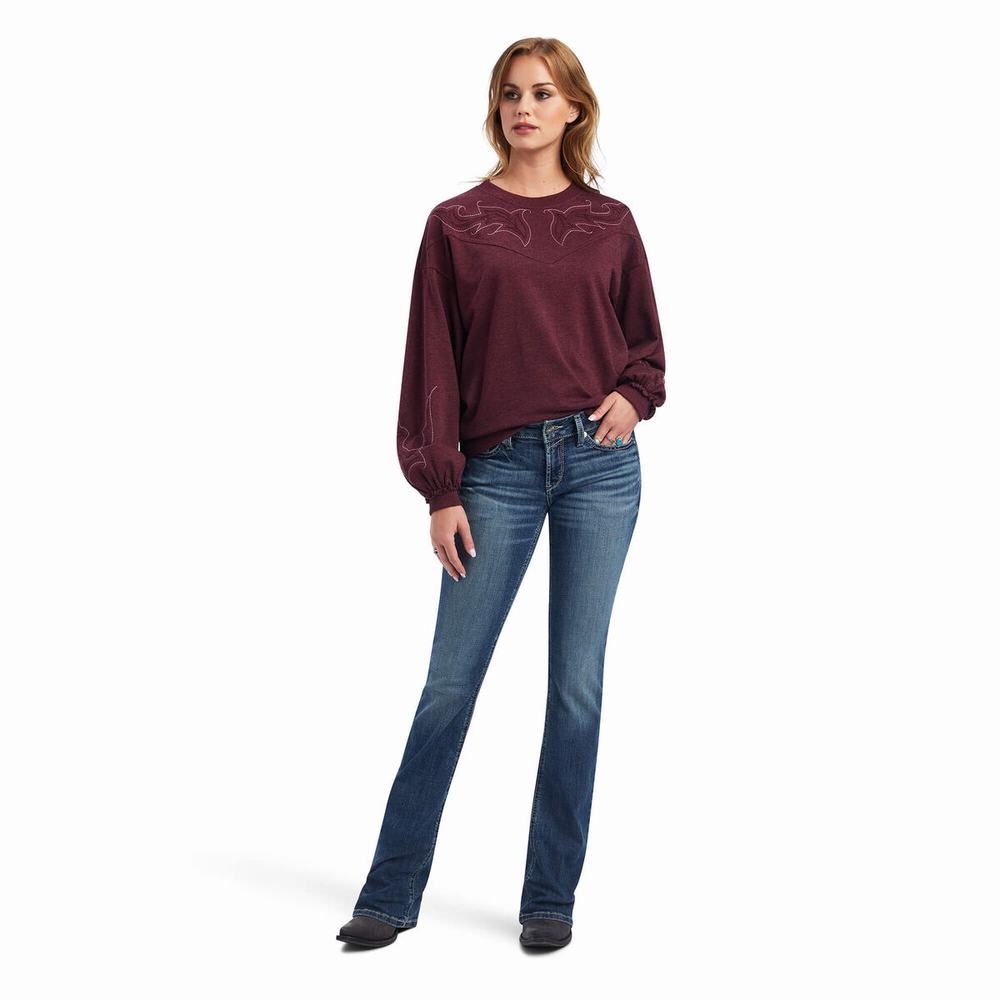 Burgundy Ariat Stitched Crew Women's Hoodies | CJKH51627