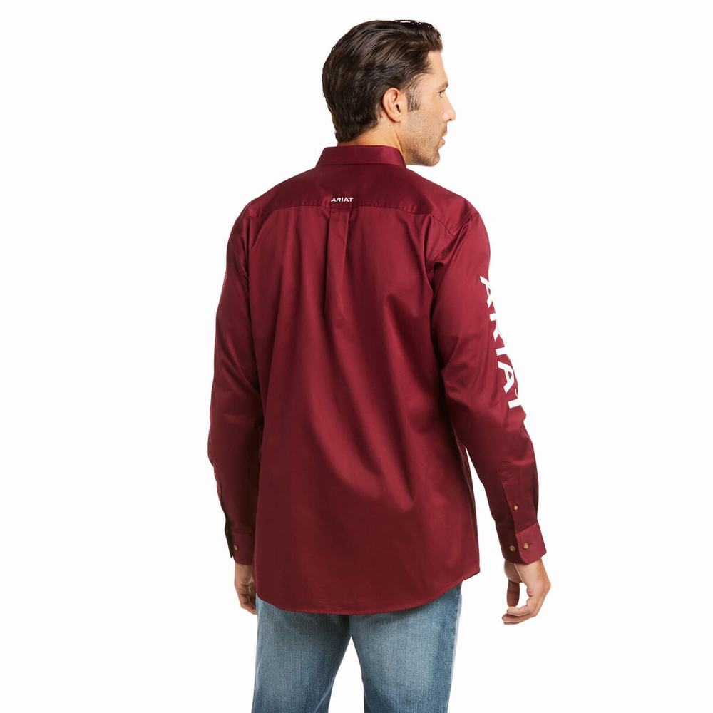 Burgundy White Ariat Team Logo Twill Fitted Men's Shirts | SVGH36245