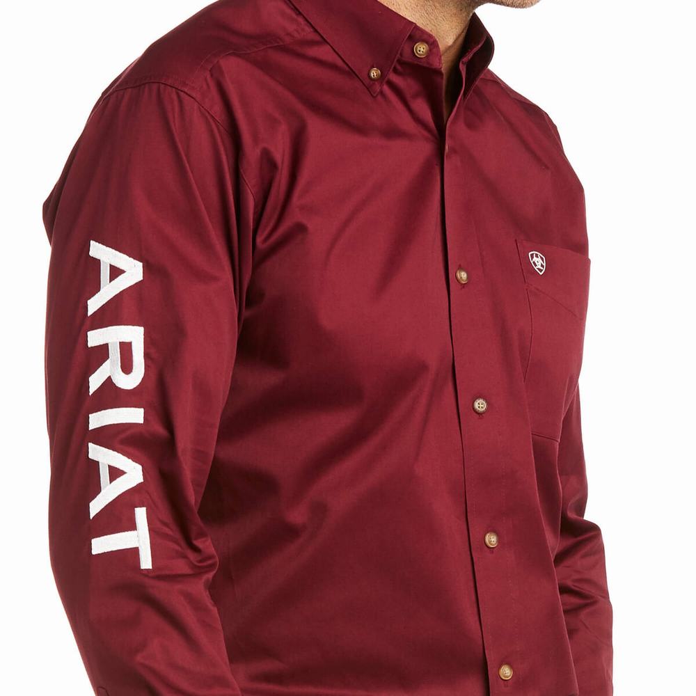 Burgundy White Ariat Team Logo Twill Fitted Men's Shirts | SVGH36245