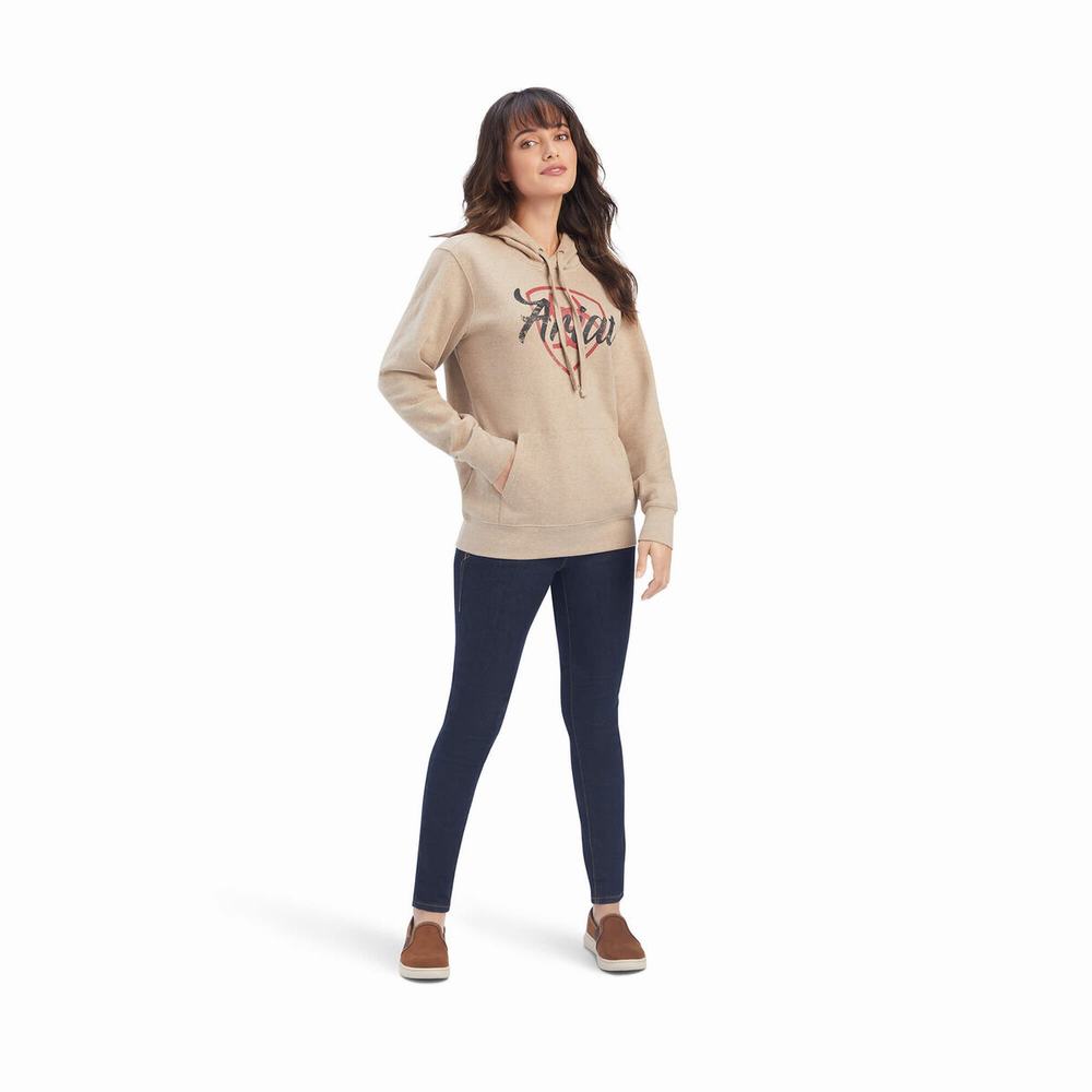 Dark Beige Ariat REAL Shield Logo Women's Hoodies | YCLG30259