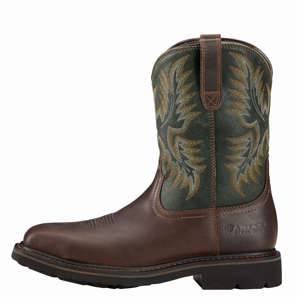 Dark Brown Ariat Sierra Wide Square Toe Steel Toe Men's Work Boots | CWUY89765