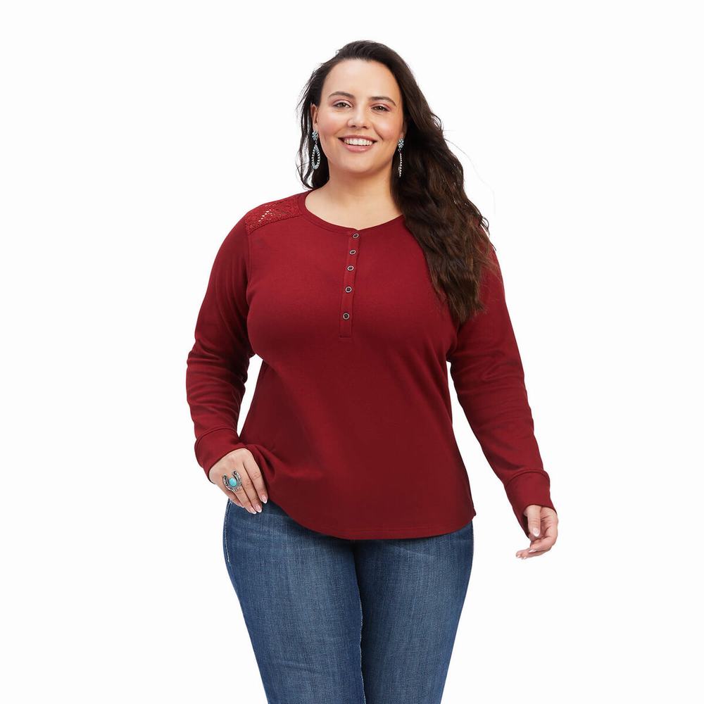 Dark Red Ariat REAL Henley Women's Tops | HLGD56930