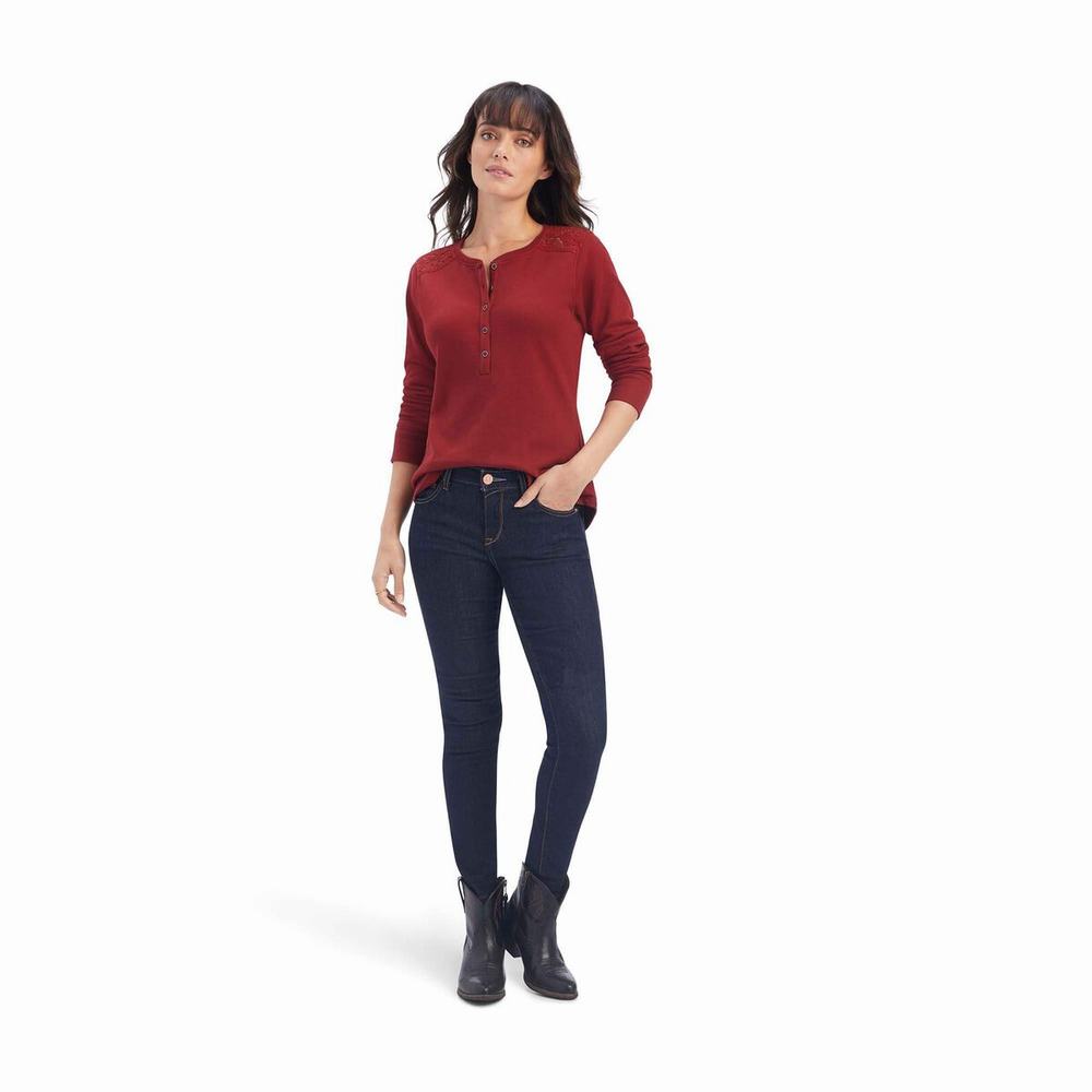 Dark Red Ariat REAL Henley Women's Tops | HLGD56930