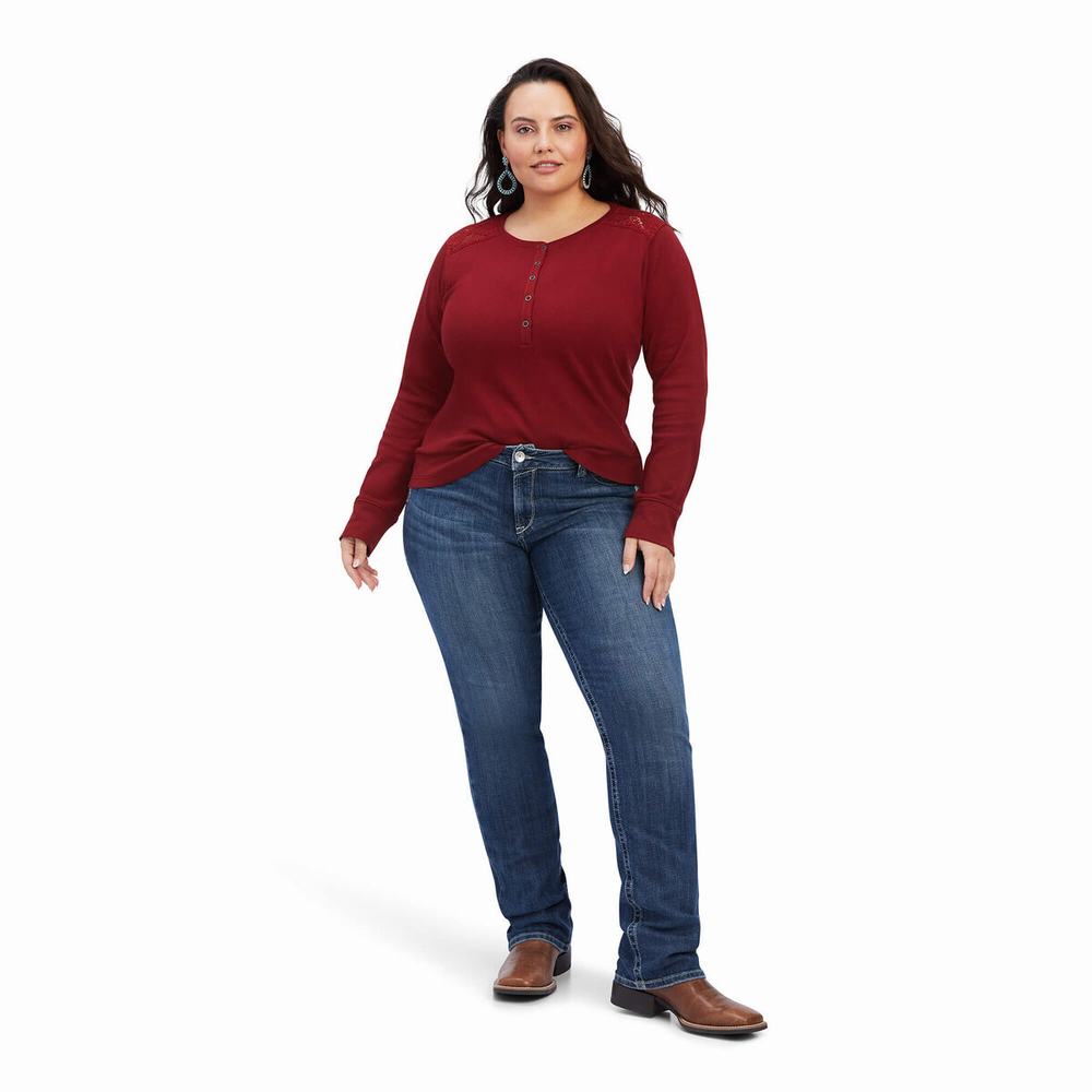 Dark Red Ariat REAL Henley Women's Tops | HLGD56930