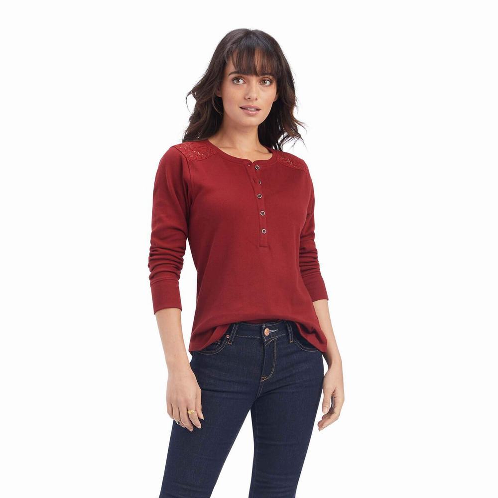 Dark Red Ariat REAL Henley Women\'s Tops | HLGD56930