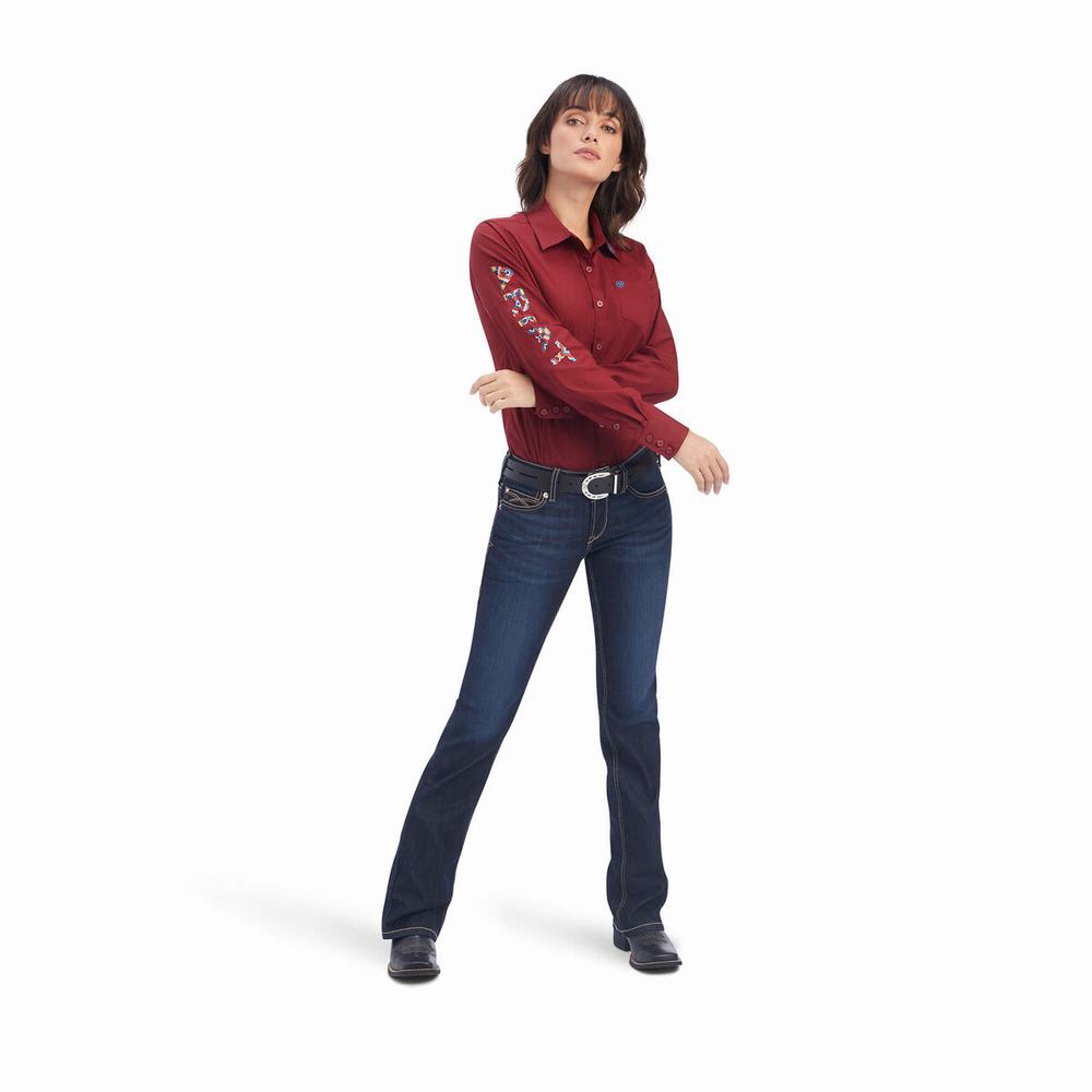 Dark Red Ariat Team Kirby Stretch Women's Tops | JIEO01263