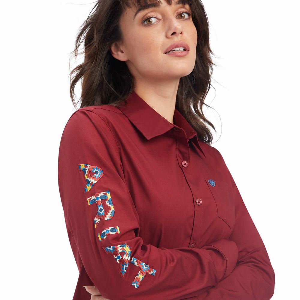 Dark Red Ariat Team Kirby Stretch Women's Tops | JIEO01263