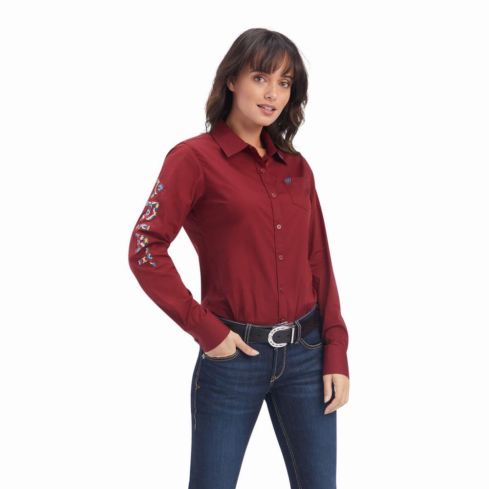 Dark Red Ariat Team Kirby Stretch Women\'s Tops | JIEO01263