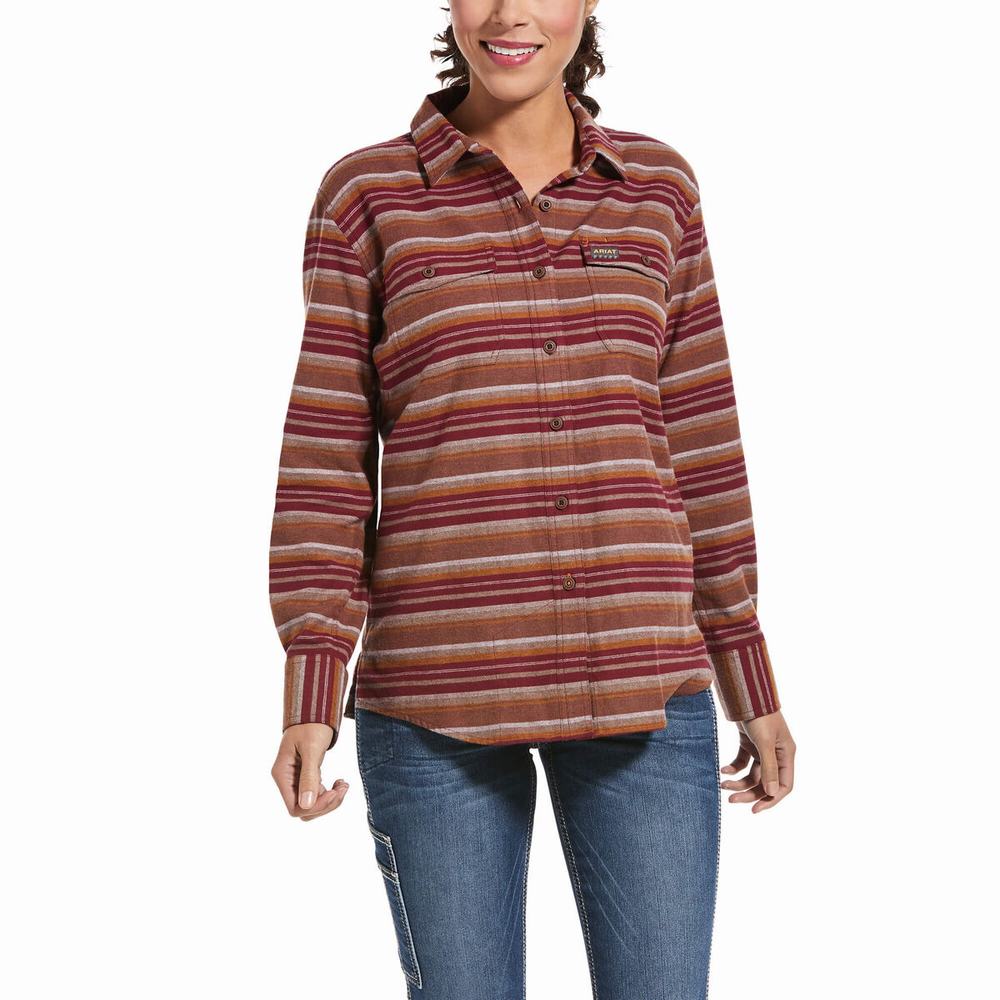 Dark Red Stripes Ariat Rebar Flannel DuraStretch Women\'s Shirts | VSLJ26091