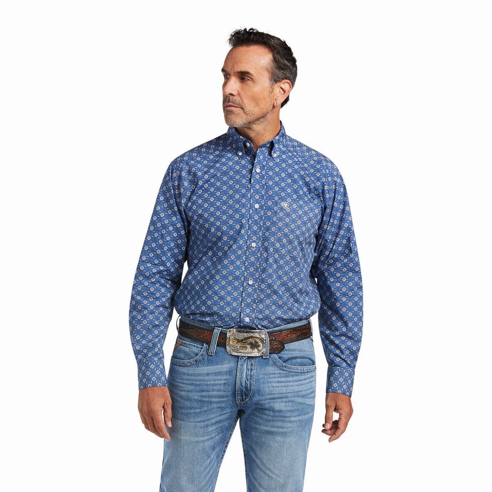 Deep Blue Ariat Qhama Classic Fit Men\'s Shirts | EJBV74821