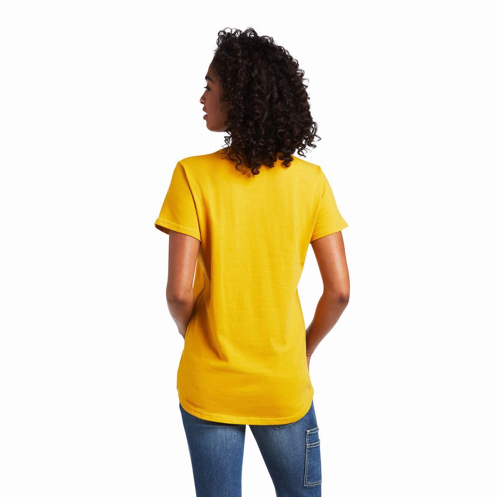 Gold Ariat Rebar Cotton Strong V-Neck Women's Short Sleeve | HAIB78094