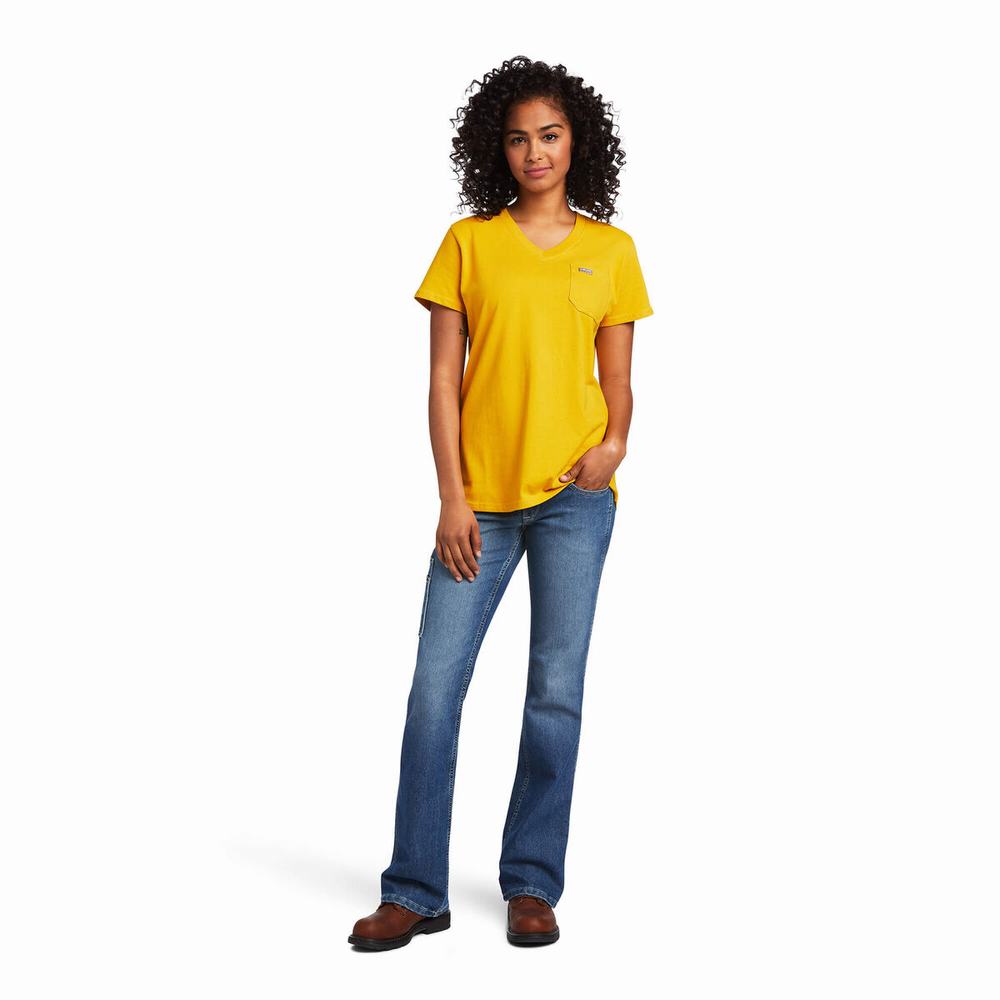 Gold Ariat Rebar Cotton Strong V-Neck Women's Short Sleeve | HAIB78094