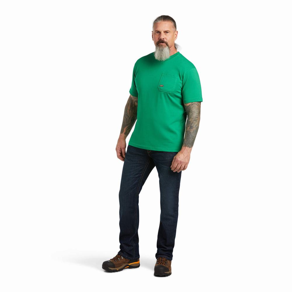 Green Ariat Rebar Cotton Strong American Outdoors Men's Tops | UWGB47215