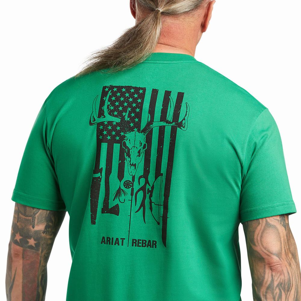 Green Ariat Rebar Cotton Strong American Outdoors Men's Tops | UWGB47215