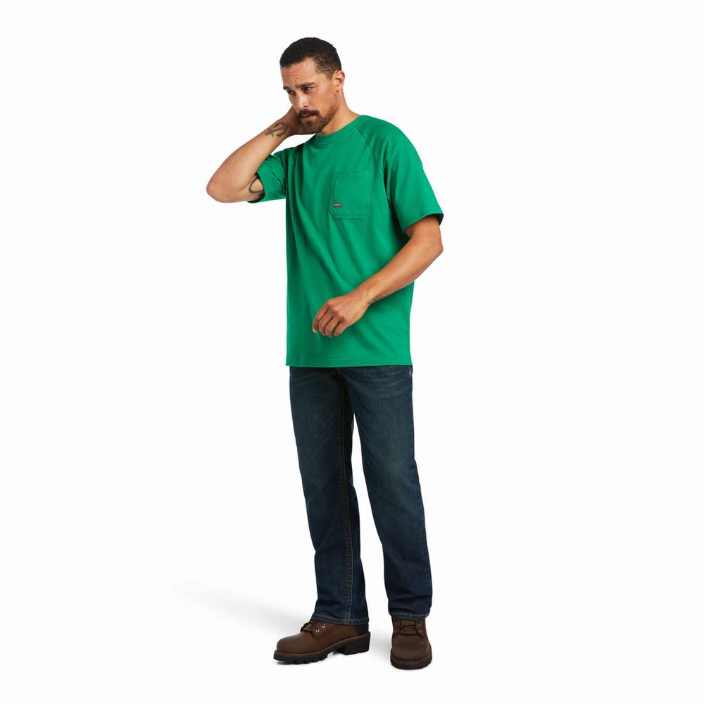 Green Ariat Rebar Cotton Strong Men's Short Sleeve | HCKE85173