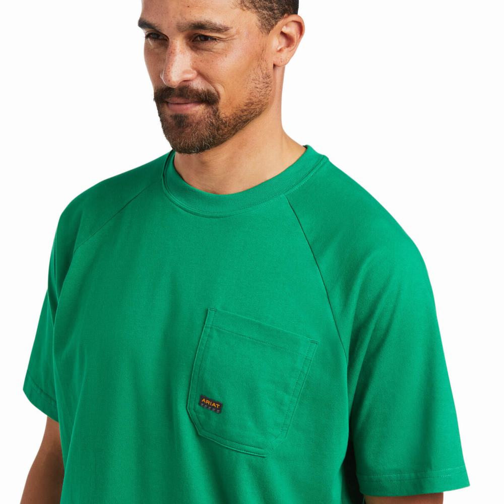 Green Ariat Rebar Cotton Strong Men's Short Sleeve | HCKE85173