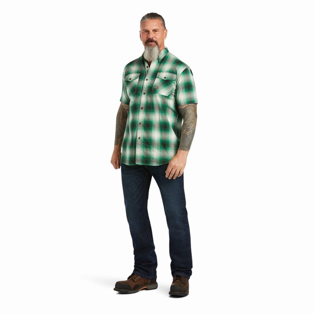 Green Ariat Rebar Made Tough DuraStretch Men's Short Sleeve | PUCD46837