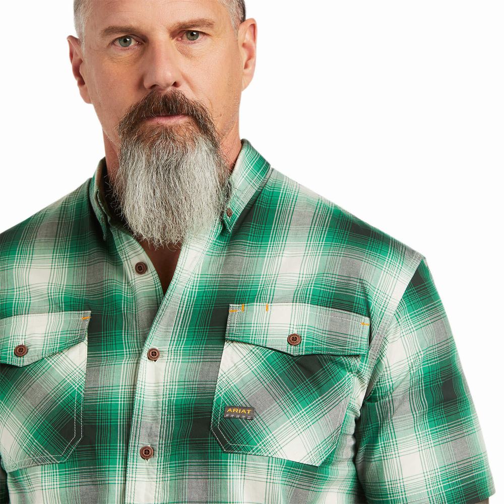 Green Ariat Rebar Made Tough DuraStretch Men's Short Sleeve | PUCD46837