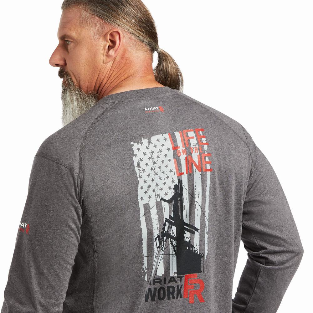 Grey Ariat FR Air Life on the Line Graphic Men's Shirts | KXQO06391