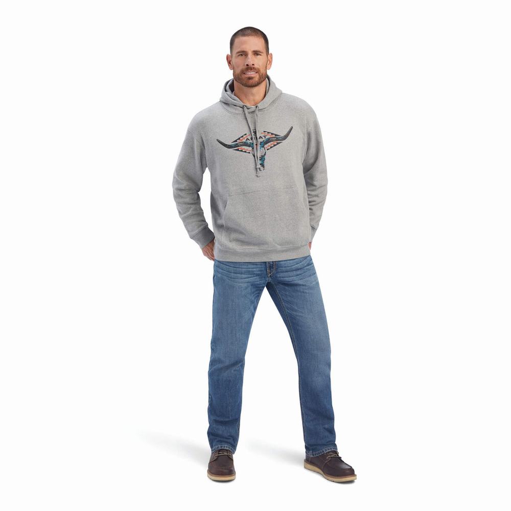 Grey Ariat Horns Southwest Men's Hoodies | FHWM56492