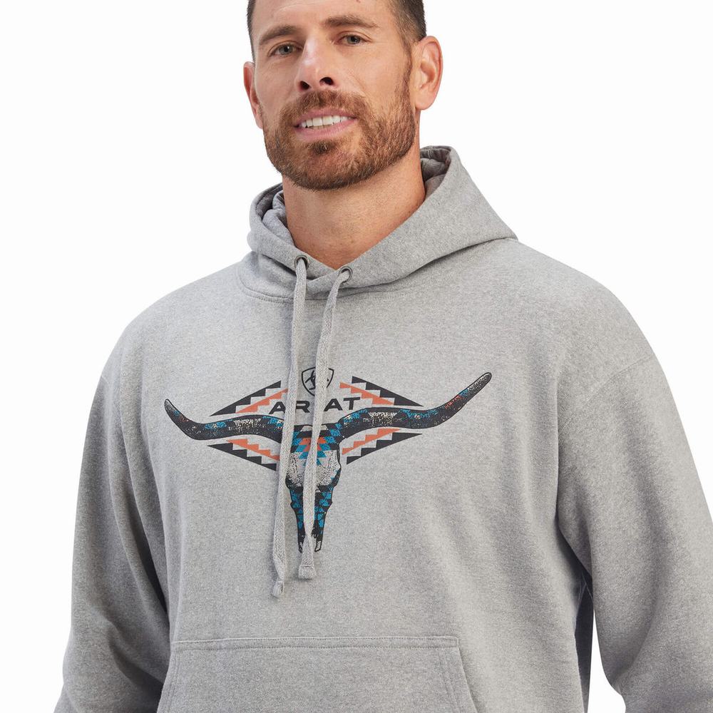 Grey Ariat Horns Southwest Men's Hoodies | FHWM56492