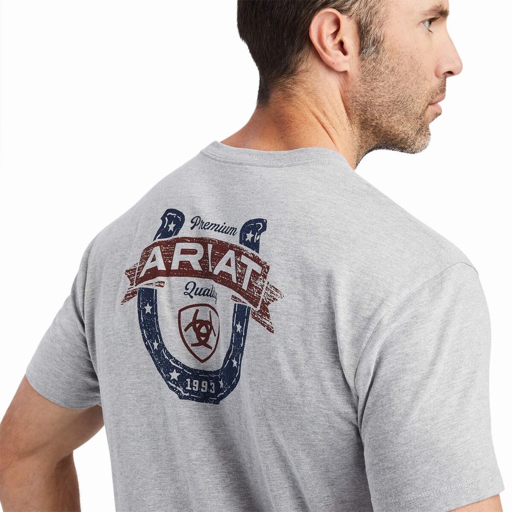 Grey Ariat Lucky Horseshoe Men's Polo Shirts | NLYK93802