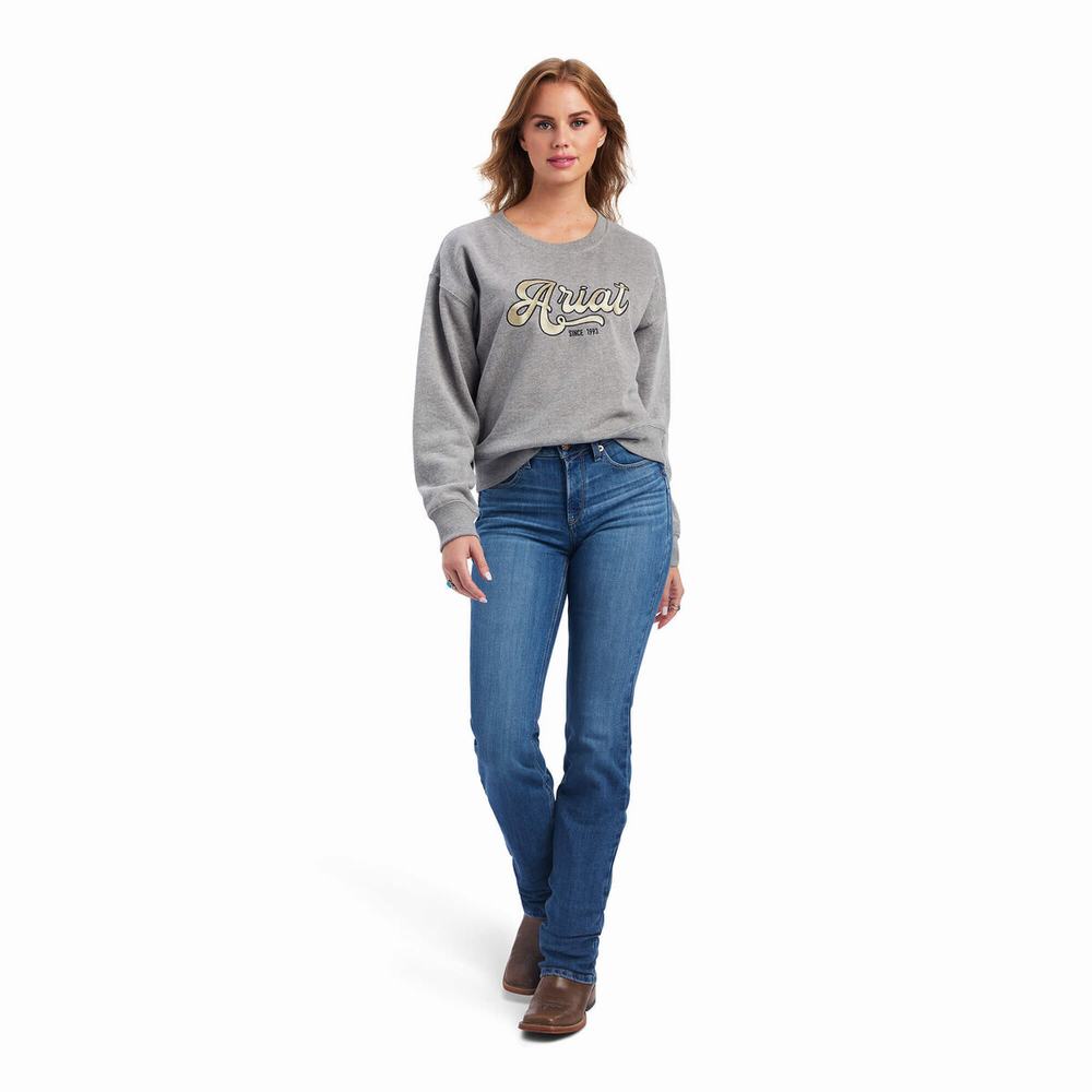 Grey Ariat REAL Metallic Varsity Logo Women's Hoodies | XYRG69370