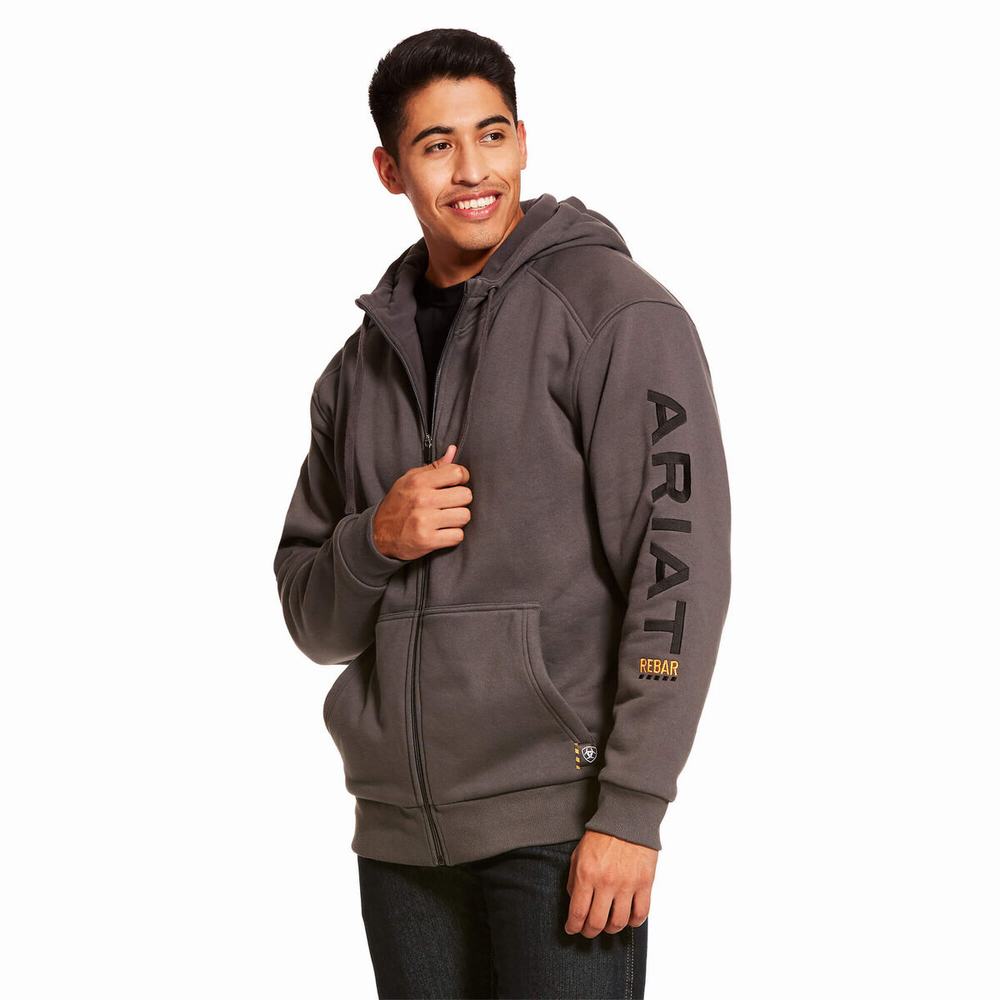 Grey Ariat Rebar All-Weather Full Zip Men\'s Hoodies | QXCK31468