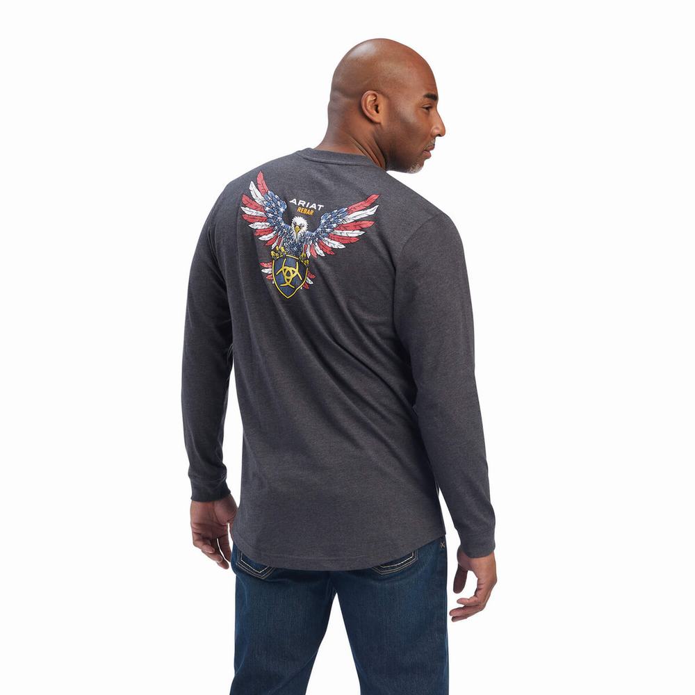 Grey Ariat Rebar Cotton Strong American Raptor Men's T Shirts | XYTF64187