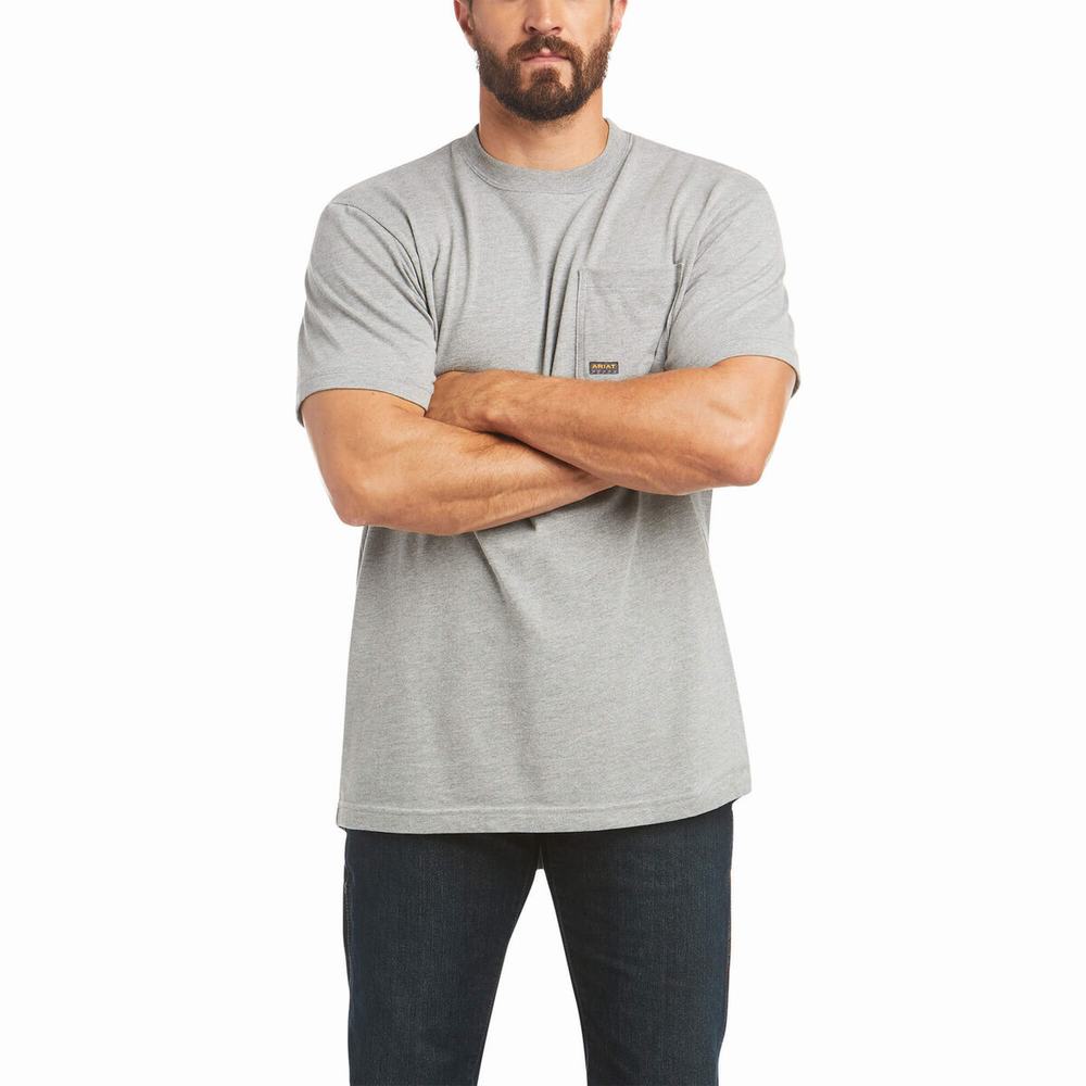 Grey Ariat Rebar Cotton Strong Done Right Men's Short Sleeve | MHOQ27389